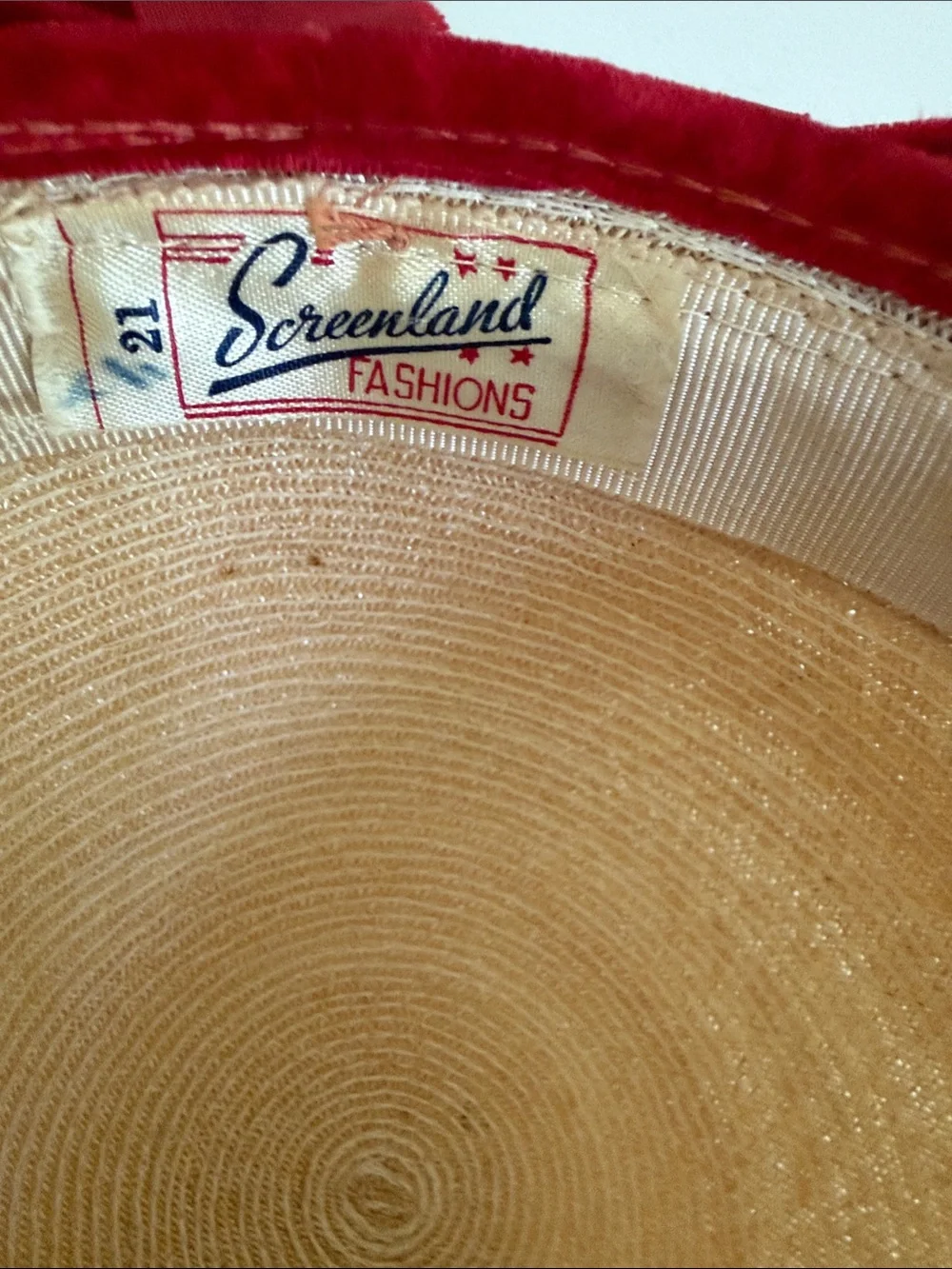 Vintage Girl’s Natural Straw Cloche Hat with Red Velvet Trim and Floral Detail